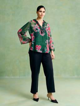 Aarke Ritu Kumar - Green Floral Polyester Relaxed Top with Camisole