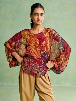 Aarke Ritu Kumar - Red Floral Polyester Top with Camisole