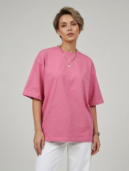 ANVI Be Yourself - Solid Pink Cotton Round Neck Half Sleeve Oversized T-shirt