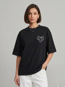 ANVI Be Yourself - Printed Black Cotton Round Neck Half Sleeve Oversized T-shirt