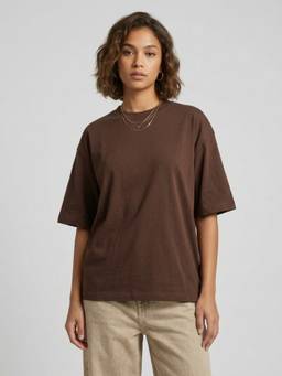 ANVI Be Yourself - Solid Brown Cotton Round Neck Half Sleeve Oversized T-shirt