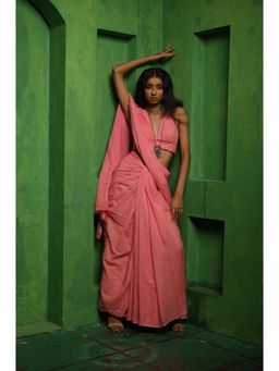 Huts and Looms - Women Pink Solid Saree with Unstitched Blouse