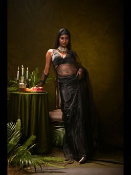 Huts and Looms - Black Solid Organza Saree with Unstitched Blouse