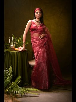 Huts and Looms - Pink Solid Organza Saree with Unstitched Blouse