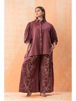 Zolo Label - Maroon Shirt Pattern Embroidery Co-Ord (Set of 2)