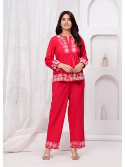Zolo Label - Red Rayon Embroidered Co-Ord (Set of 2)