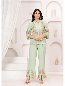 Zolo Label - Rayon Olive Green Embroidered Co-Ord (Set of 2)