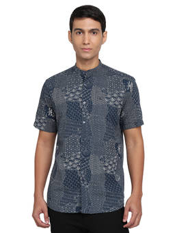 Parx - Slim Fit Printed Dark Blue Shirt