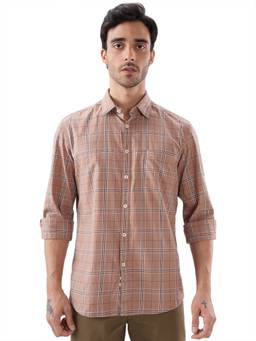 Parx - Medium Brown Slim Fit Checkered Shirt