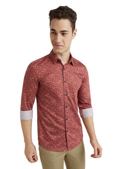 Parx - Medium Red Slim Fit Printed Shirt