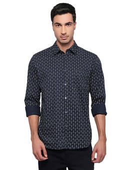 Parx - Slim Fit Printed Dark Blue Shirt