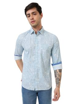 Parx - Slim Fit Pure Cotton Printed Medium Blue Shirt