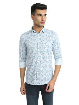 Parx - Slim Fit Pure Cotton Printed Medium Blue Shirt