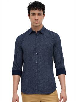 Parx - Dark Blue Slim Fit Printed Shirt