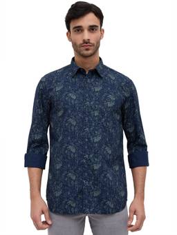 Parx - Slim Fit Printed Dark Blue Shirt