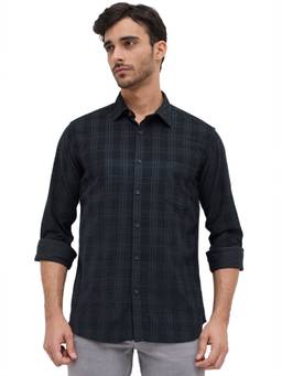 Parx - Slim Fit Checkered Fancy Navy Blue Shirt