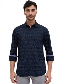 Parx - Slim Fit Printed Dark Blue Shirt