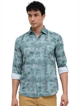 Parx - Dark Green Slim Fit Printed Shirt
