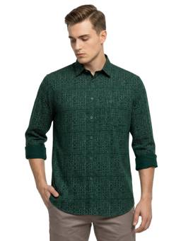 Parx - Dark Green Slim Fit Printed Shirt