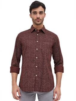 Parx - Slim Fit Printed Dark Brown Shirt