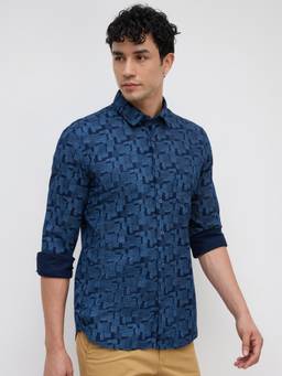 Parx - Medium Blue Slim Fit Printed Shirt