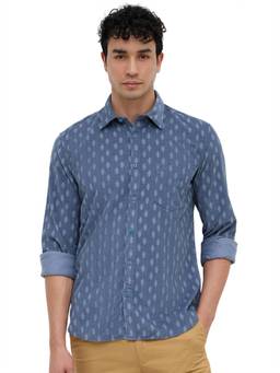 Parx - Dark Blue Slim Fit Printed Shirt