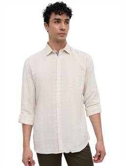 Parx - Light Cream Slim Fit Checkered Shirt