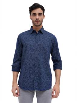 Parx - Slim Fit Printed Dark Blue Shirt