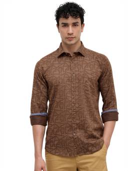 Parx - Dark Brown Slim Fit Printed Shirt