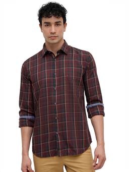 Parx - Dark Maroon Slim Fit Checkered Shirt