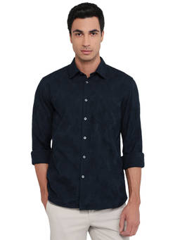Parx - Slim Fit Printed Dark Blue Shirt