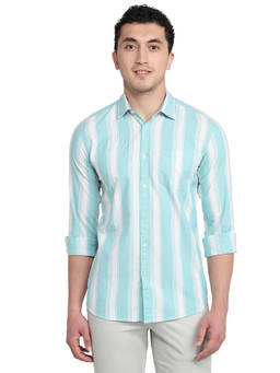 Parx - Slim Fit Striped Medium Green Shirt