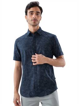 Parx - Slim Fit Printed Dark Blue Shirt