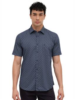 Parx - Dark Blue Slim Fit Printed Shirt