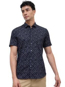 Parx - Dark Blue Slim Fit Printed Shirt