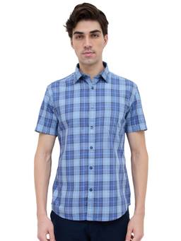 Parx - Slim Fit Checkered Medium Blue Shirt