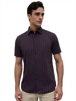 Parx - Slim Fit Striped Dark Maroon Shirt