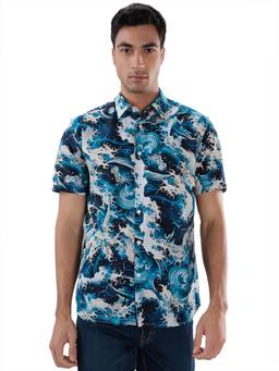 Parx - Slim Fit Abstract Medium Blue Shirt