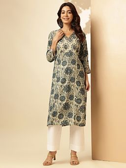 Vbuyz - Women's Floral Printed Straight Cotton Aqua Stitched Kurta