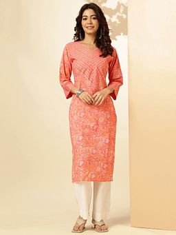 Vbuyz - Women's Floral Print Orange Stitched Kurta