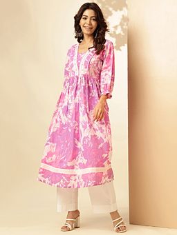 Vbuyz - Women's Floral Print Lavender Stitched Anarkali Kurta
