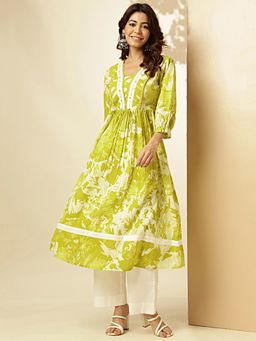 Vbuyz - Women's Floral Print Mehendi Stitched Anarkali Kurta
