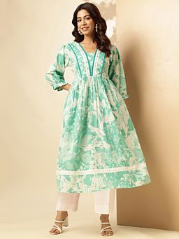 Vbuyz - Women's Floral Print Aqua Blue Stitched Anarkali Kurta