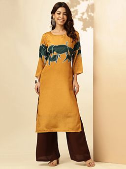 Vbuyz - Women's Animal Print Straight Chinon Mustard Stitched Kurta