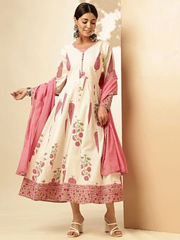 Vbuyz - Women's Pink Floral Print Anarkali Kurta Dupatta (Set of 2)