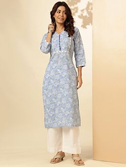 Vbuyz - Women's Floral Print Straight Cotton Sky Blue Stitched Kurta