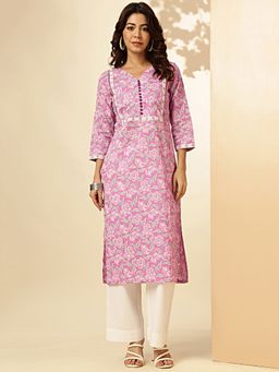Vbuyz - Women's Floral Print Straight Cotton Purple Stitched Kurta