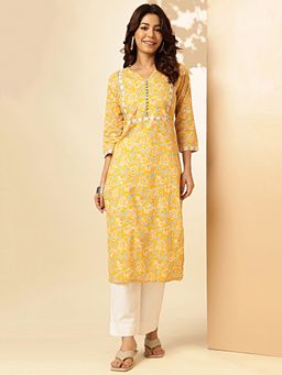 Vbuyz - Women's Floral Print Straight Cotton Yellow Stitched Kurta