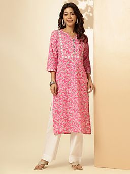 Vbuyz - Women's Floral Print Straight Cotton Pink Stitched Kurta