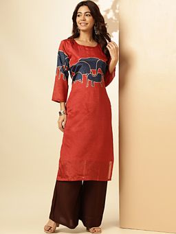 Vbuyz - Women's Animal Print Straight Chinon Red Stitched Kurta